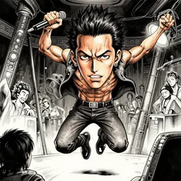 a funky disco crackhead jumping around in the club, by takehiko inoue and kim jung gi, masterpiece ink illustration, realistic face and anatomy