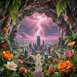 a massive volume cave with ultra - realistic bright coloured natural flowers and ferns : 4, a miniature tiny futuristic city : 5, overlooking an endless plain with pink lightning clouds : 4, highly symmetrical, balanced, octane render, in the style of sahm : 3 hd, 4 k, ultra - realistic, in unreal engine