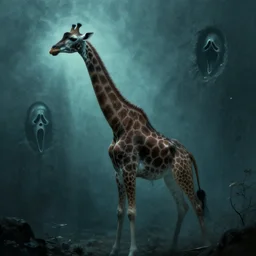 a ghostly haunting giraffe, sunken recessed indented spots, Ghostface, Scream, by Giger