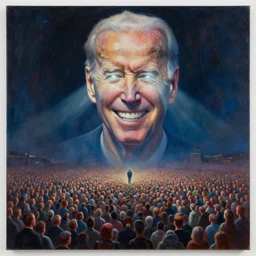 large abstract painting of giant Joe Biden cosmic horror grinning at giant immense crowd of person army, trending on ArtStation, masterpiece, by Greg Rutkowski, by Ross Tran, by Fenghua Zhong, octane, lightbeam eyes, soft render, clear facial features, oil on canvas,, moody lighting, cinematic, professional environment concept art
