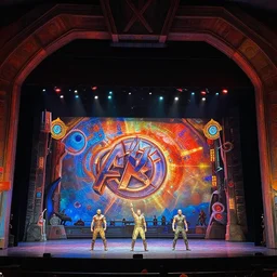 photo of a huge theaterstage, play is avengers, 3 actors on stage, 8 k, multicolored, exaggerated detailed, long shot