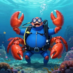 portrait of the The jovial Water Crustacean Crab Mage Wearing a blue scuba suit Under the sea Mark Riddick craig j. spearing Alexey Egorov Inio Asano