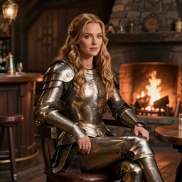 kate beckinsale as paladin, sit in fantasy tavern near fireplace, behind bar deck with bear mugs, medieval dnd, colorfull digital fantasy art, 4k