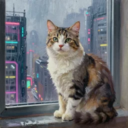 A detailed oil painting of a beautiful cat by the window to a rainy cyberpunk city. rain. neon lights. glass reflections. high detail. night. dark lightning. volumetric hazy komorebi