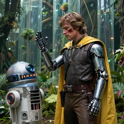 cinematic still image screenshot portrait of cybernetic half android half man luke skywalker battle wounds wearing a yellow cape holding up his cybernetic hand, while he is talking to a lonely medical droid, from the tv show on disney + anamorphic lens, logans run, ending from empire strikes back crisp 4 k imax, lit from below, plant forest in glass tubes, underlight, moody iconic