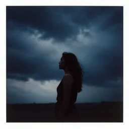 silhouette of a woman against a stormy sky, 3 5 mm dark photograph