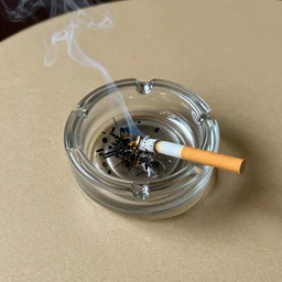In an ashtray resting on top of a linoleum table is a lit cigarette from which colored smoke is coming out
