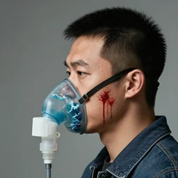 portrait of a chinese man :: side profile :: oxygen mask ::  blood  and ocean intricate details :: 8k :: by vikings and Sandra Chevrier