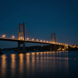 a midnight landscape with bridge and lights and water profesional photo shot grom cinematic