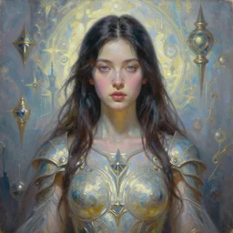 portrait oil painting, perfect expression, subconscious connects, purified consciousness, beautiful female, valerian city thousand planets, ethereal armor, olive skin, long dark hair, hypnotic eyes, neo - gothic, artifacts, luminous skies, ruan jia, mandy jurgens, william - adolphe bouguerea, michael cheval, peter mohrbacher, jessica rossier, oil painting, highly detailed, cinematic lighting, unreal, natural tpose