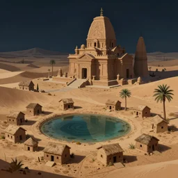 Desert City, Small houses, large temples, a small oasis, a small palm trees; night; highly detailed, digital painting, artstation, concept art, matte, sharp focus, illustration, art by Artgerm and Greg Rutkowski and Alphonse Mucha