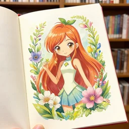 highly accurate and detailed flora of winx club, reading a book in a library