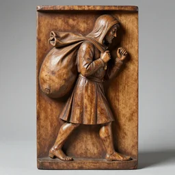 a 1 7 th century wood carving of a hooded figure with a large sack hung over his back