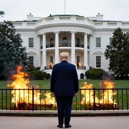 trump standing in front of the white house watching it burn