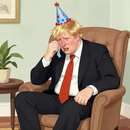 Illustration of Boris Johnson, sat in a lounge on his own, wearing a birthday party hat and crying by Roger Dean