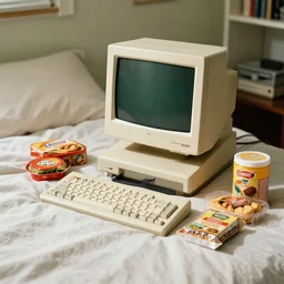 vintage startup drom showcasing circa 1 9 9 8 of a desktop that holds a computer and food supply on a bed