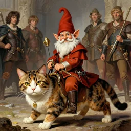 ( ( ( brigganock gnome dressed like a musketeer riding a giant tortoiseshell cat ) ) ), d & d, fantasy, medieval, greg rutkowski, frank frazetta, alexandre chaudret, boris vallejo, michael whelan, miro petrov, magali villeneuve
