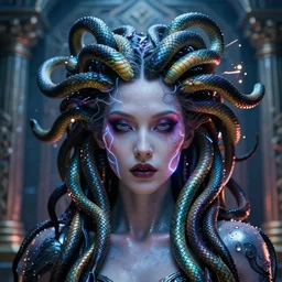 a cyberpunk close up portrait of evil cyborg medusa, electricity, rainbow, snakes in hair, sparks, bokeh, soft focus, sparkling, glisten, water drops, cold, dark, geometric, temples behind her, by paul lehr, jesper ejsing
