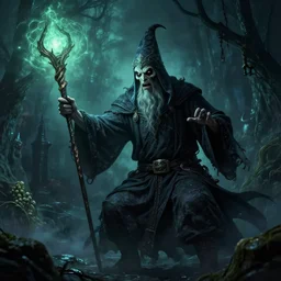 a magic wizard casting a spell from his staff, horror, eldritch, 8 k