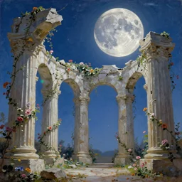 On the Moon there are broken arches leading to the pillars of eternity draped with flowers and vines, blue sky, lens flare, a sense of awe, cinematic, ultra detailed, oil painting by caravaggio,-W 768