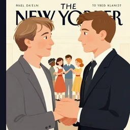 close up portrait of Mads Mikkelsen!!! and Hugh Dancy!!! holding hands romantically as they chaperone school dance by ((Zdzislaw Beksinski)), Michael Whelan, Bob Larkin and Tomer Hanuka, simple illustration, domestic, nostalgic, clean, Matte painting, trending on artstation and unreal engine, New Yorker magazine cover