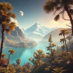 a retrowave style artwork of wiz khalifa wilderness, a land of the dead, divine, hazy, volumetric lighting, snowy summits in the background, vast turquoise lake, lush flora, empty, spacetime bending, very detailed, serene, gold accents, washed out colors, beautiful artwork, master level composition, raytracing