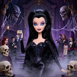 closeup portrait seductive gothic disney varga elvira barbie doll with black hair standing in a ornate haunted mansion during a seance, kraken, skulls, spider webs, glamour pose, guillermo del toro, hp lovecraft, alphonse mucha, wes anderson, volumetric lighting, mist, tarot card, d & d, ilya kuvshinov, wes craven, greg rutkowski,