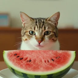 photograph of a cat that looks like a watermelon taken by wes anderson