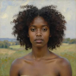 east african woman with curly hair, dark skin, beautiful face, solid backdrop, simple, fedosenko roman, j. w. godward, jose miguel roman frances, intricate details, countryside, dreamy, impressionist, figurative