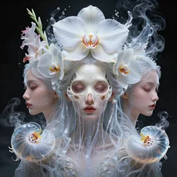 3 d head shot portrait of the face of a beautiful princess, jellyfish face skull phoenix bird giant orchid flower, giant gladiola, smoke and water energy flow. high contrast and sharpness, translucent, nautilus, highly detailed, epic. octane render, excellent composition, by wlop, tooth wu, greg rutkowski, beeple