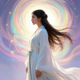 side profile, maya ali, wind sorcerer, dota, robes, elegant, smooth, bright backlit, colorful psychedelic swirly magic ripples, octane render, pastel colors, by greg rutkowski, jesper ejsing, ilya kuvshinov, artgerm, mucha