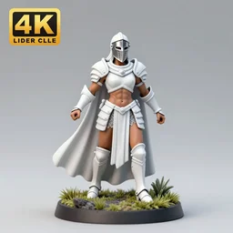 80mm resin detailed miniature of a Queen of war, white armor, iron mask and helmet, Very long white cloak, Very muscular, abdomen, olive skin, on Grassy textured base; Miniature product Introduction Photos, 4K, Full body; Front view