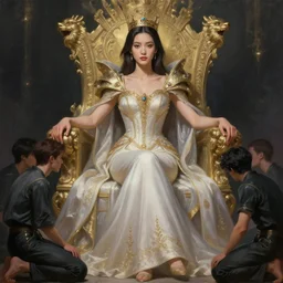 portrait of a beautiful young asian woman with shoulder length hair and strong facial bone structure, queen and ruler of the universe, sitting on her throne, young men kneeling at her feet, digital painting, highly detailed, intricate, elegant, hyperrealism, trending on artstation, art by tara phillips