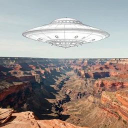 a line drawing of a flying saucer over a canyon by joe fenton, trending on artstation, realistic rendering