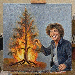 a photo of Bob Ross painting his timeless masterpiece happy little tree on fire, acrylic on canvas