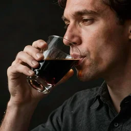 a man drinking a perfect glass of crude black oil