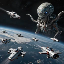 an epic space battle between a fleet of space frigates, and a giant alien, found footage, realistic 8k photography