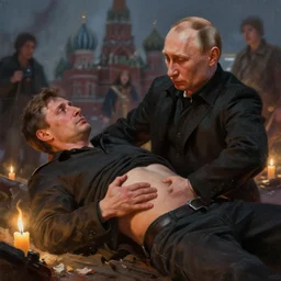 a ukrainian man stabbing vladimir putin in the belly amid the moscow uprising, lit by candles, digital painting, artstation, concept art, craig mullins, breathtaking, 8 k resolution, extremely detailed, beautiful, establishing shot, artistic, hyperrealistic, octane render, cinematic lighting, dramatic lighting, masterpiece, light brazen, extremely detailed and beautiful face