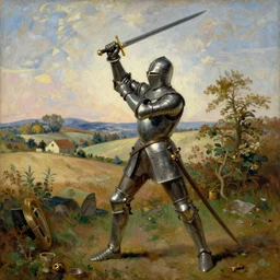 painting of a knight holding up his sword, countryside, daytime, beautiful oil painting on canvas, 1 8 5 0, pre raphaelites, in the style of john everett,