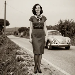 photorealistic sepia full - head portrait of a 1 9 2 0 s era of a smirking beautiful seductive mafia - moll posing on the side of a rural road in a mediterranean environment, dressed in a knee - length dress, patterned scarf, silk stockings, and pumps. cinematic lighting, 8 k, a classic vintage porsche is parked in the background