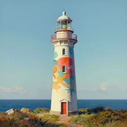 beautiful lonely lighthouse, hyper realistic, colorful patterns, subtle shadows, art by tim okamura and oksana dobrovolska