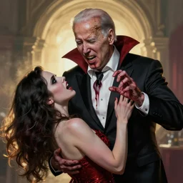joe biden but he's a bloody vampire attacking a woman, artstation, horror