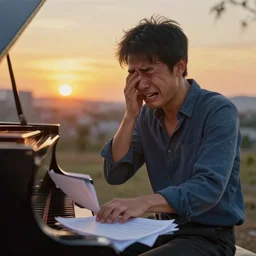 furious pianist at sunset crying over taxes by monet