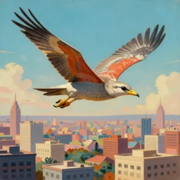 f - 2 2 raptor flying over city, retrofuturism, painting