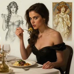 zoe saldana eating dinner, character sheet, character design, contrast, deep focus, turnaround, highly detailed, dramatic lighting, digital painting, artstation, concept art, matte, sharp focus, illustration, elegant, art by artgerm and greg f and alphonse mucha.