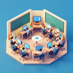 isometric octane render of a computer science classroom
