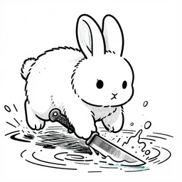 a cute fluffy rabbit with a flint knife cuts through water, in a lowbrow, pop surrealism art style, rubberhose animation character style, intricate, line-drawing, black ink on white paper