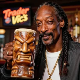 a closeup photorealistic photograph of snoop dogg at the trader vic's bar with a tiki mug that features his face. brightly lit scene. this 4 k hd image is trending on artstation, featured on behance, well - rendered, extra crisp, features intricate detail, epic composition and the style of unreal engine.