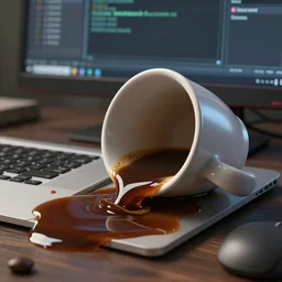: sloppy old  cup of coffee spilling onto computer monitor  unrealengine ,cinematic, hyper realism, high detail, octane render, 8k