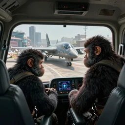 two apes inside the fighter plane looks city battle, console visible, highly detailed, epic, matrix style